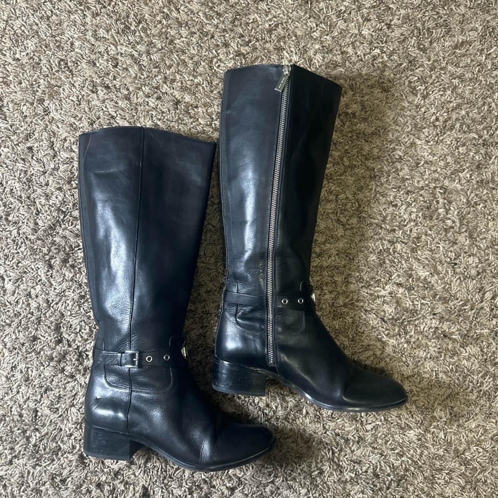 Michael Kors Black Leather Knee high Riding Boots with MK Logo buckle Size 9M
